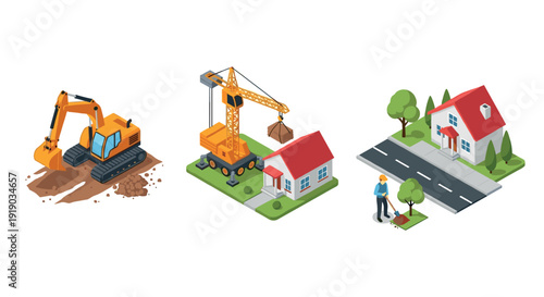Construction and urban development: excavator, crane, and worker in isometric style