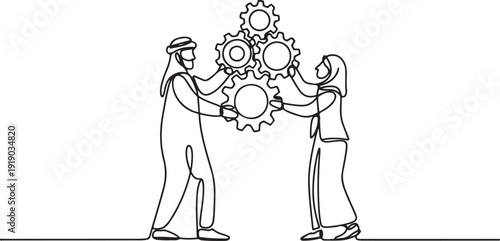 Single one line drawing collaboration. Arabian man woman lifting gears. People working with cogs. Professional teamwork process cooperation concept. one line Icon drawing