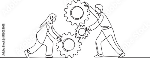 Single one line drawing collaboration. Arabian man woman lifting gears. People working with cogs. Professional teamwork process cooperation concept. one line Icon drawing