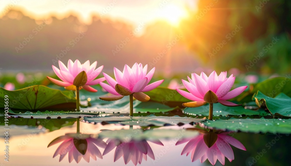 Pink lotus flowers blooming on calm water with green leaves – peaceful natural floral background.
