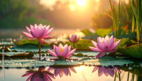 Pink lotus flowers blooming on calm water with green leaves – peaceful natural floral background.