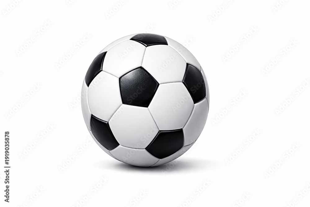 Fototapeta premium Classic black and white soccer ball isolated on white background with soft shadow and clean minimal look