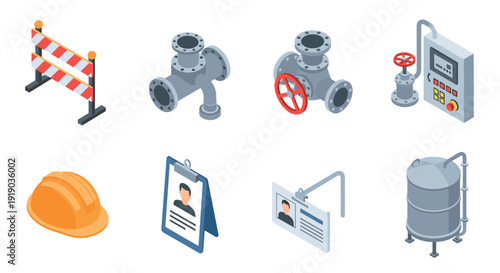 Isometric industrial icons set: construction, safety, and machinery elements