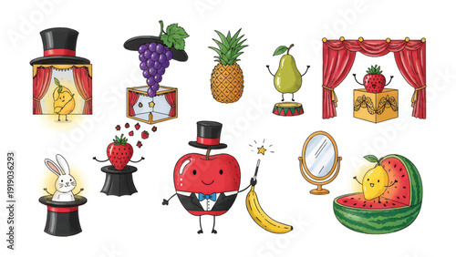 Whimsical Fruit Circus: A delightful collection of animated fruits perform in a whimsical circus setting, each fruit showcasing its unique personality with playful charm.