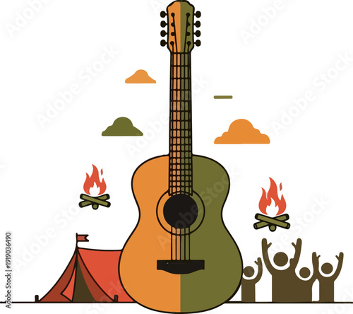 Acoustic guitar at campsite with friends around campfires under mountains