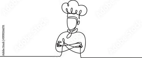 One single line drawing of chef man character for restaurant logo vector graphic illustration. Food cafe mascot badge concept. one line Icon drawing