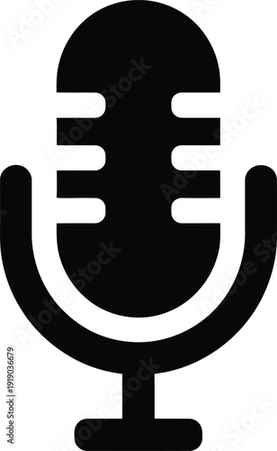 Black silhouette of a studio microphone representing podcasting radio broadcasting professional recording audio equipment vocal performance music production and communication services.