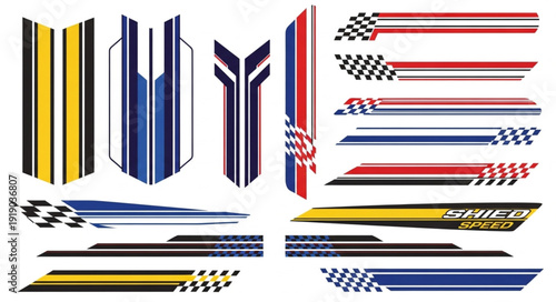 Collection of racing car stickers and decals for customization.