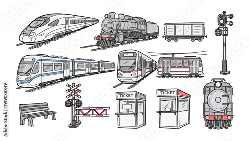 Railway Elements: a set of hand-drawn railway elements, including various trains, signal lights, ticket booths, and more. Capturing the evolution of railway transport in detailed illustrations.