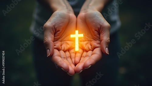 Hands holding glowing golden cross, cupped palms offering luminous christian symbol, concept of religion, church, easter