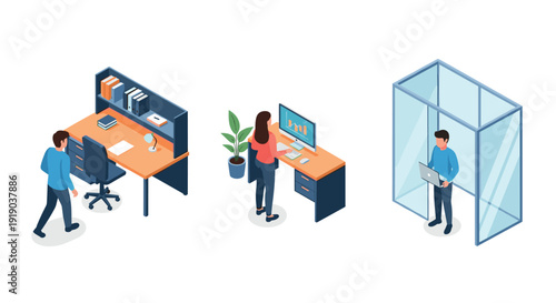Isometric office scene with workers at desks and glass partition