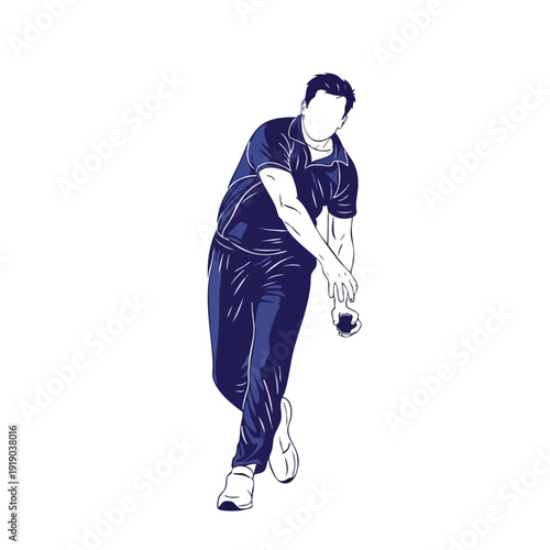 Bowler in Action. Cricket Player. Sports Illustration. Dynamic Pose. White Background.