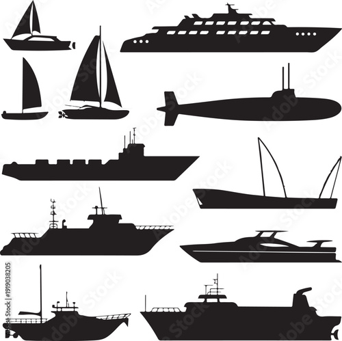 black silhouettes of various boats and ships on white background