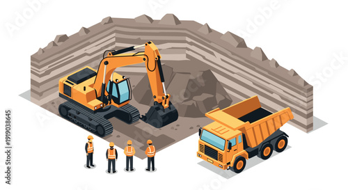 Construction site scene with excavator and dump truck in isometric style