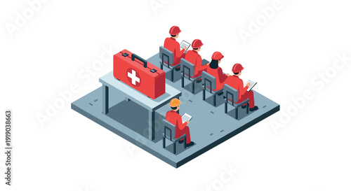 Emergency training session with workers in isometric design