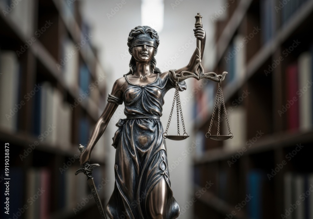 Obraz premium Statue of justice in a library with books on shelves