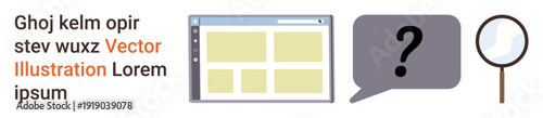 Web design, search inquiry, online research, user interface, internet navigation, problem-solving. A browser window layout, speech bubble with a question mark and magnifying glass. Search inquiry