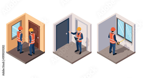 Isometric construction workers inspecting walls and windows in three scenarios