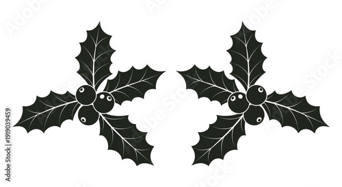 Symmetrical black silhouette design featuring two clusters of classic spiky holly leaves and berries for holiday decoration
