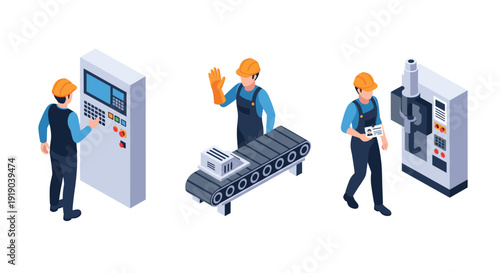 Isometric factory workers operating machinery and conveyor belt in industrial setting