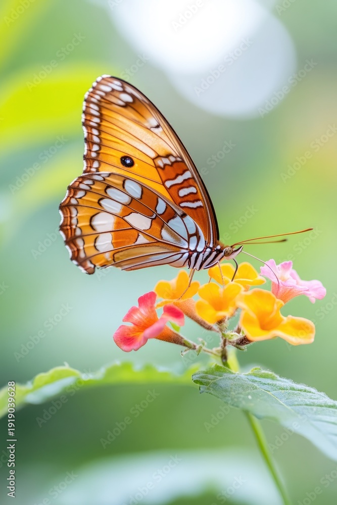 Obraz premium Vibrant butterfly resting on orange blossoms in a serene garden setting