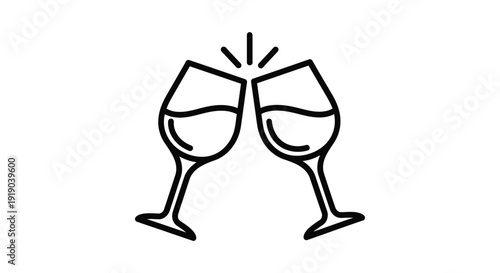 Simple black and white line art icon representing two wine glasses toasting in a celebratory gesture