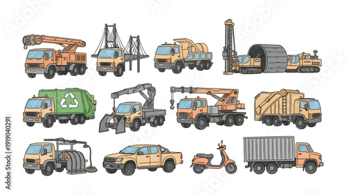 Assortment of Transportation Machines: A colorful composition showcasing various modes of transportation and construction vehicles, each meticulously depicted with intricate details.