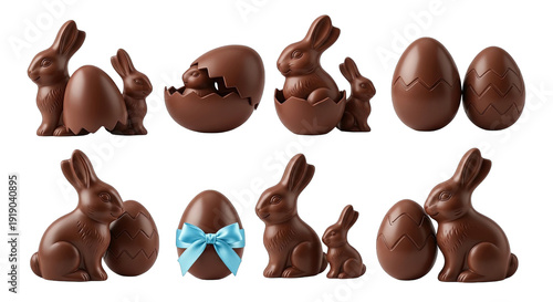 Easter chocolate bunny and eggs isolated on transparent background