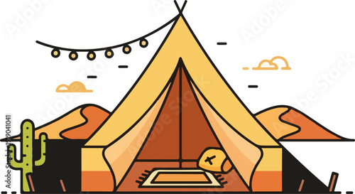 Camping tent in desert landscape with cactus and string lights at night