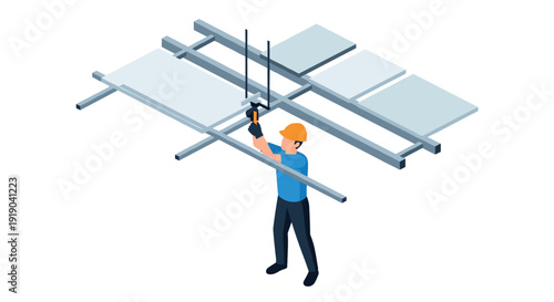 Isometric construction worker installing ceiling framework