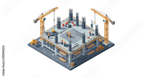 Isometric construction site with cranes and workers on building framework