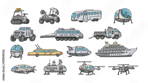 Futuristic Vehicle Collection: A diverse compilation of unique transportation devices, each showcasing innovative designs and technological prowess, ready to conquer the challenges of tomorrow.