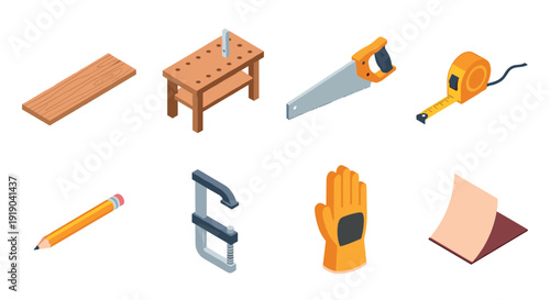 Isometric carpentry tools set with workbench, handsaw, and tape measure