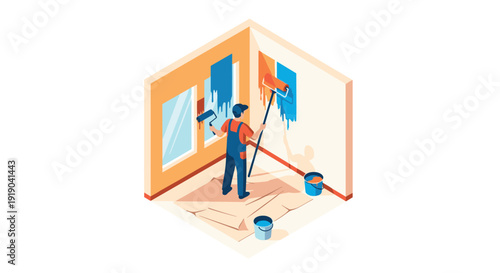 Isometric room painting scene with painter using rollers on walls