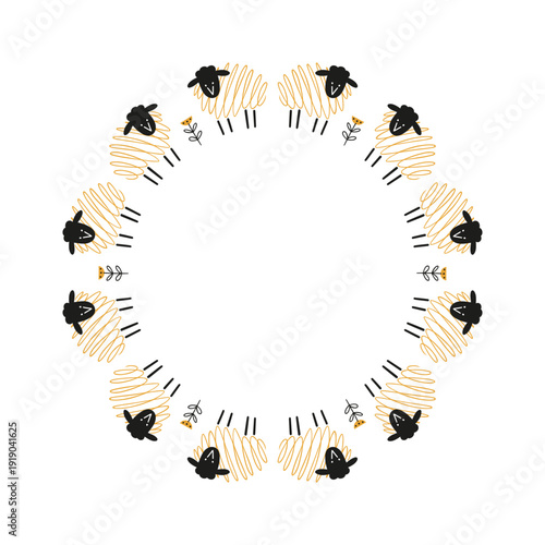 Whimsical sheep circle with floral accents. Doodle style. Stylized sheep with spiral bodies and flowers. 
Good for greeting cards, posters, and playful designs.