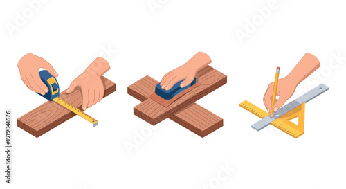 Isometric tools and hands: measuring and crafting in construction design