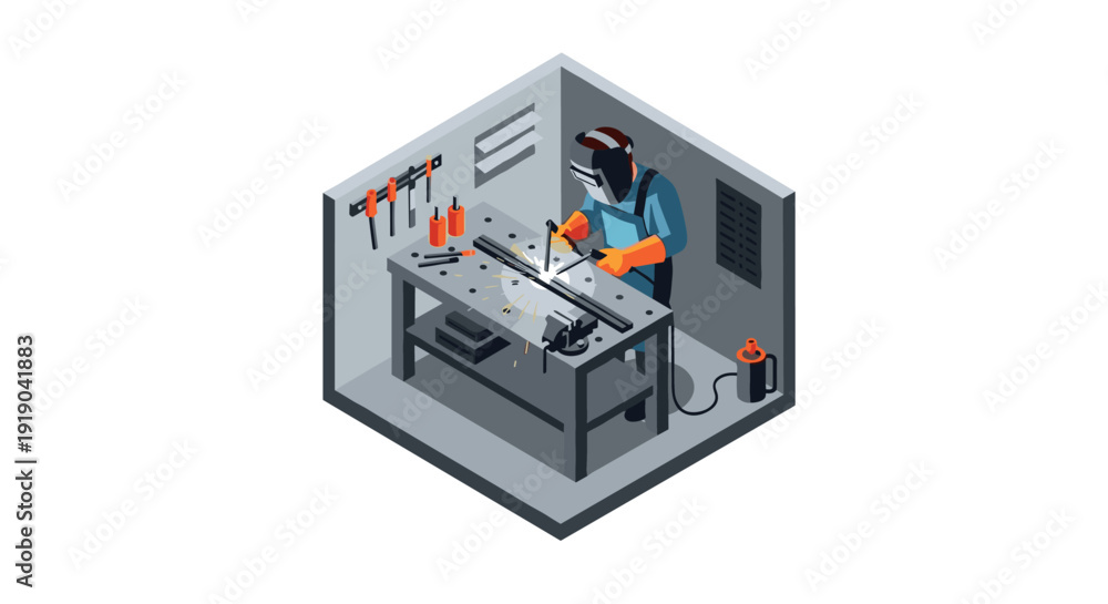 Obraz premium Isometric workshop scene with welder working in garage setting