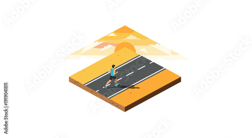 Isometric morning run on road with sunrise and clouds in the background