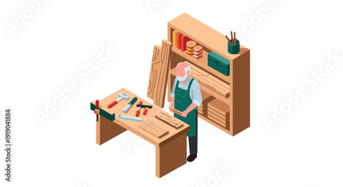 Isometric workshop scene with carpenter and tools