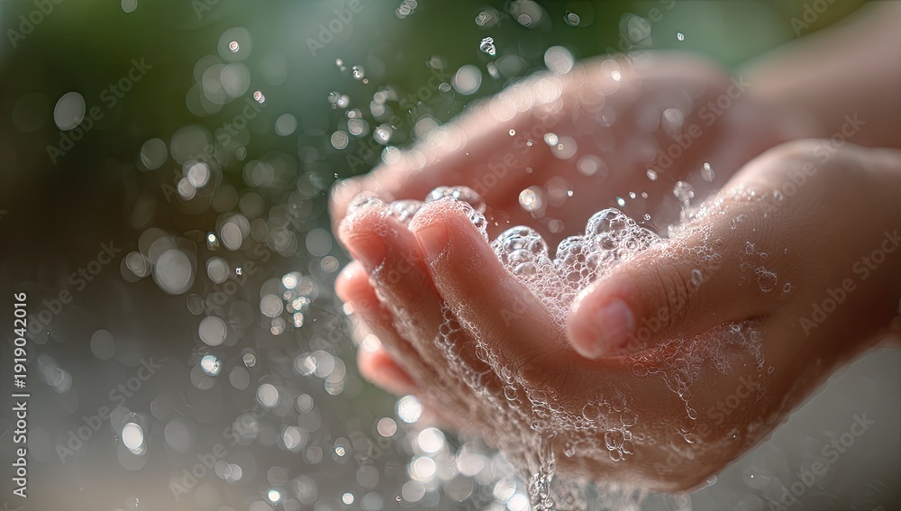 Fototapeta premium Gentle hands cupped catching clear water droplets and frothy bubbles