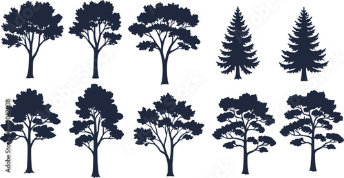 Vector illustration of diverse tree silhouettes symbolizing nature, growth, landscape, culture, education, conservation, and environmental values