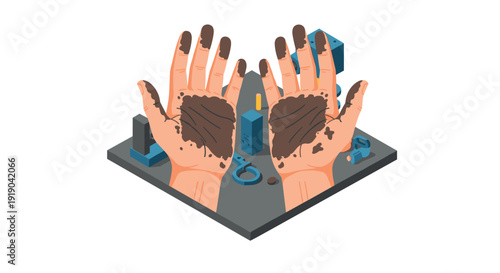 Isometric dirty hands in mud with geometric shapes on gray surface