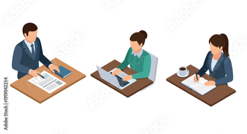 Isometric office workers engaged in various tasks at desk