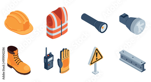 Construction safety equipment icons set in isometric style