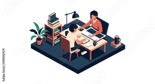 Collaborative office workspace in isometric style with modern design elements
