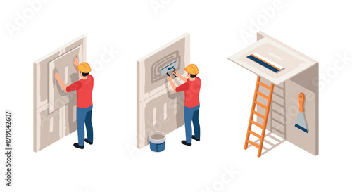 Isometric construction worker applying plasterboard and drywall techniques