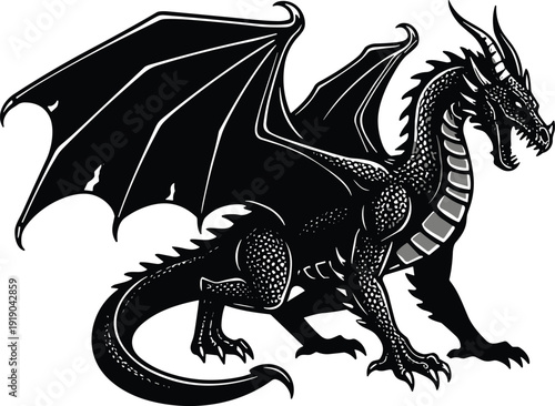 Vector illustration of dragon with wings and scales symbolizing fantasy, mythology, strength, culture, creativity, education, and artistic values
