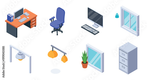 Modern office furniture and equipment isometric set for workspace design