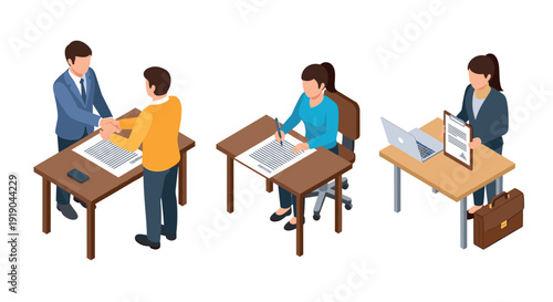 Isometric business meeting and office scenes with professionals collaborating
