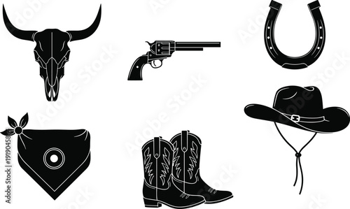 Western silhouette vector illustration, cowboy culture artwork, rustic emblem design, frontier composition, American West creative graphic art